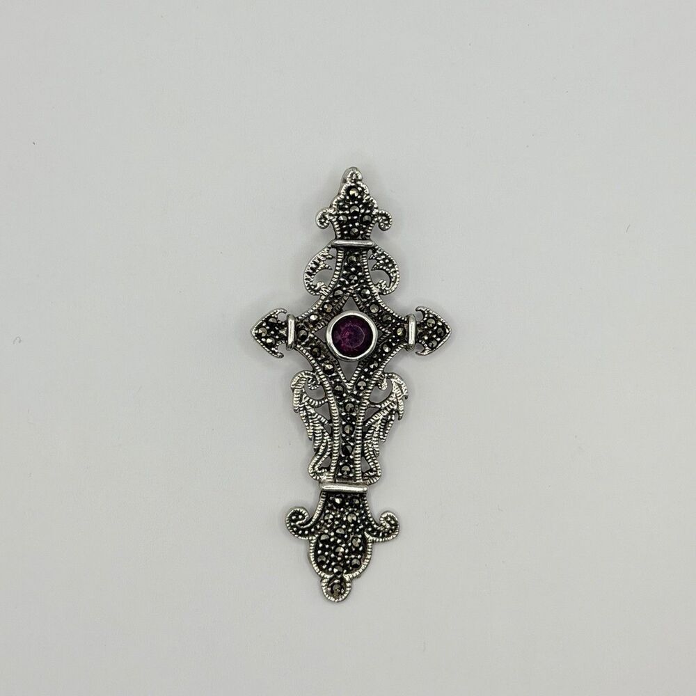 Large Sterling Silver Marcasite and Amethyst Pendant 925 Vintage Statement